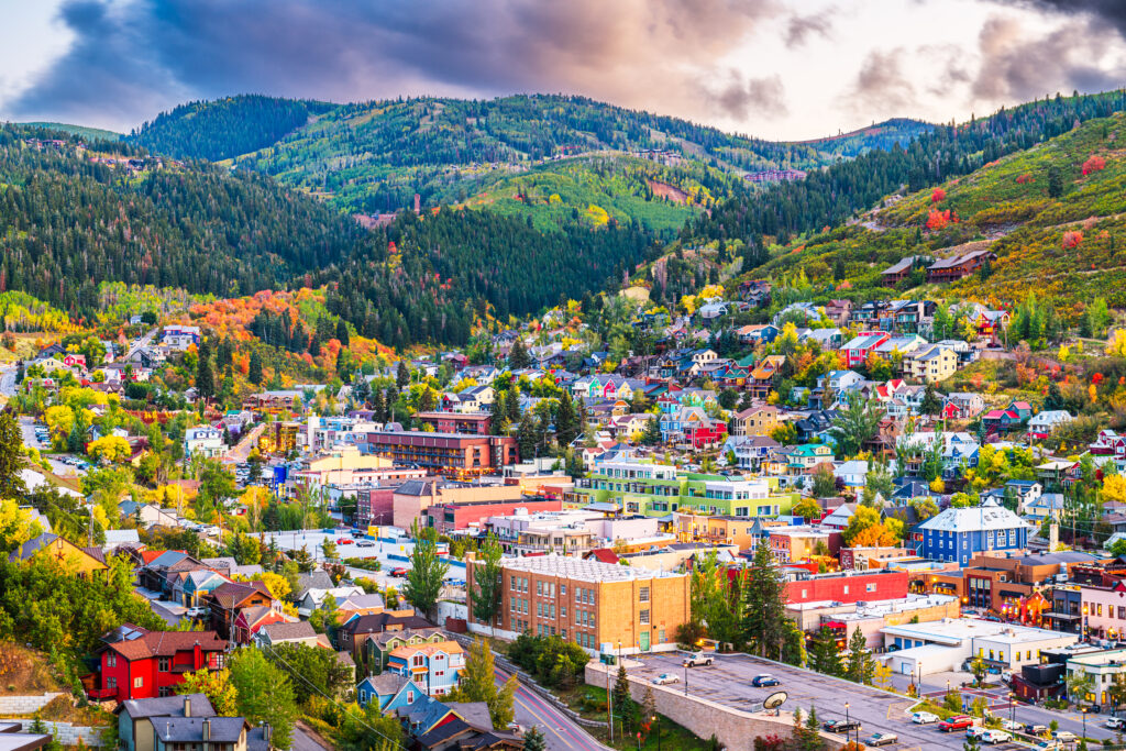 Park City, Utah, USA downtown in autumn at dusk.