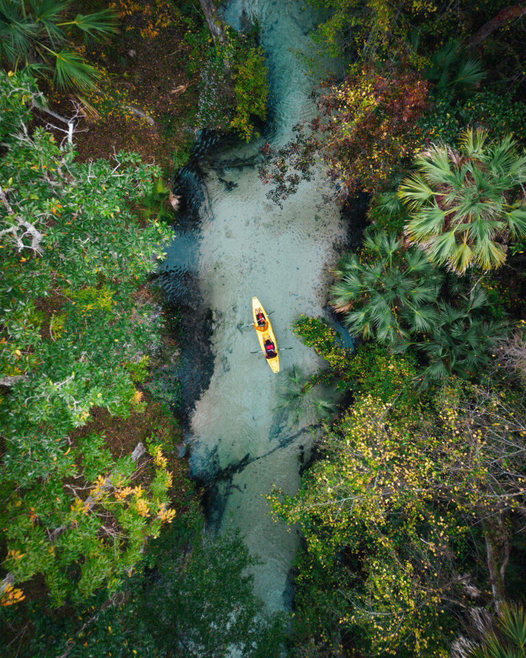Couple Kayaking Florida Springs - High Angle Drone - Freshwater River